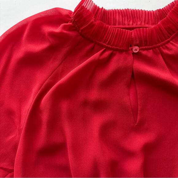 Ann Taylor Women’s Red Pleated Smocked Waist Long Sleeve Blouse - Picture 6 of 11